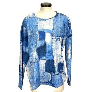 Chicme Womens Blouse Size 1XL Blue Colorblock Pull Over Drop Shoulder Stretch